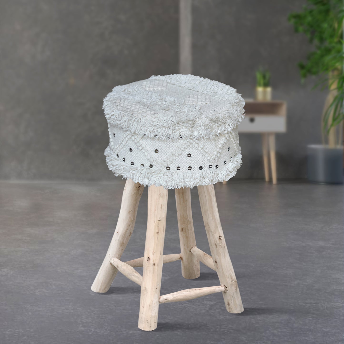 Roja Bar Stool, Wool, Metal, Natural White, Pitloom, Cut And Loop