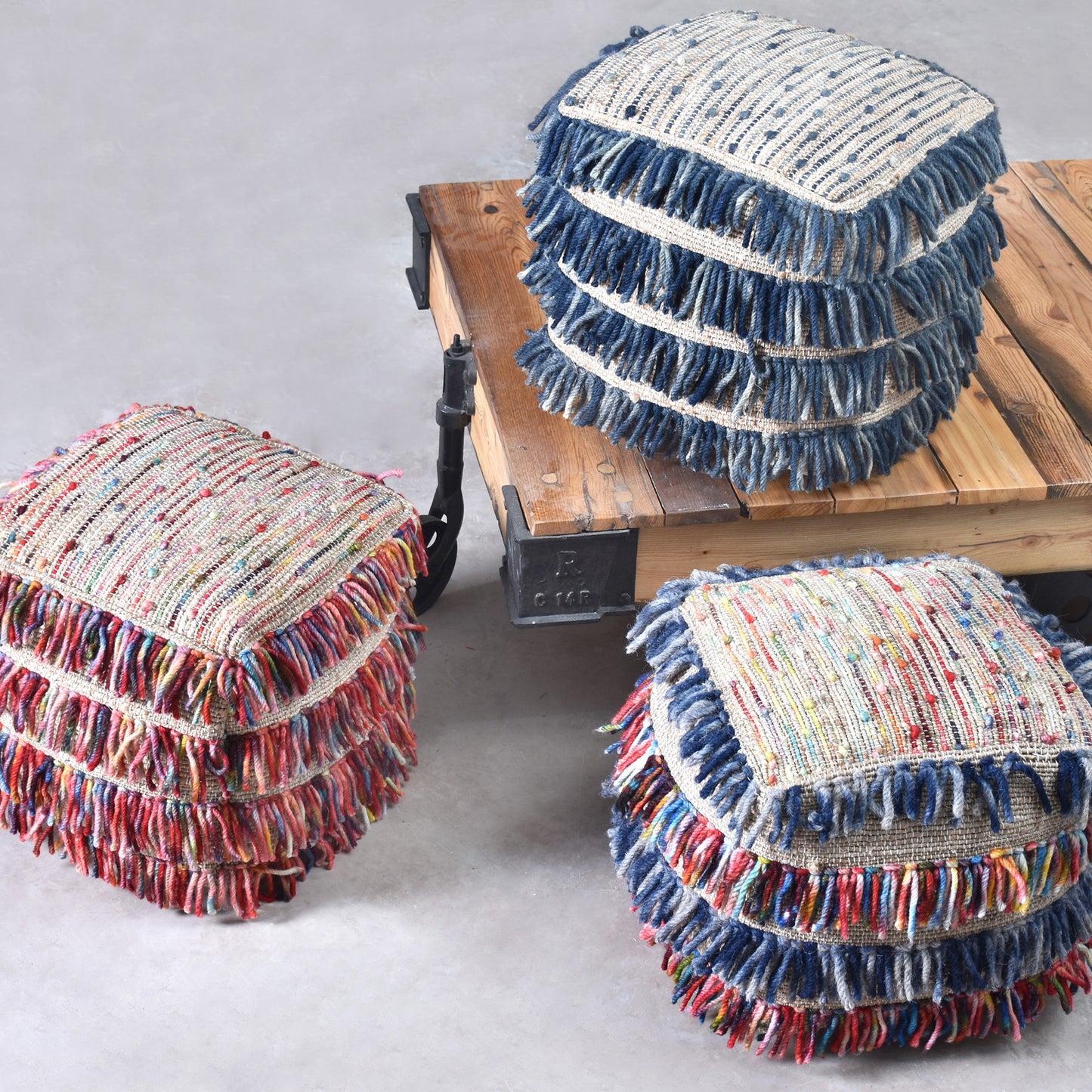 Saddle Pouf, Wool, Hemp, Leather, Pitloom, All Loop