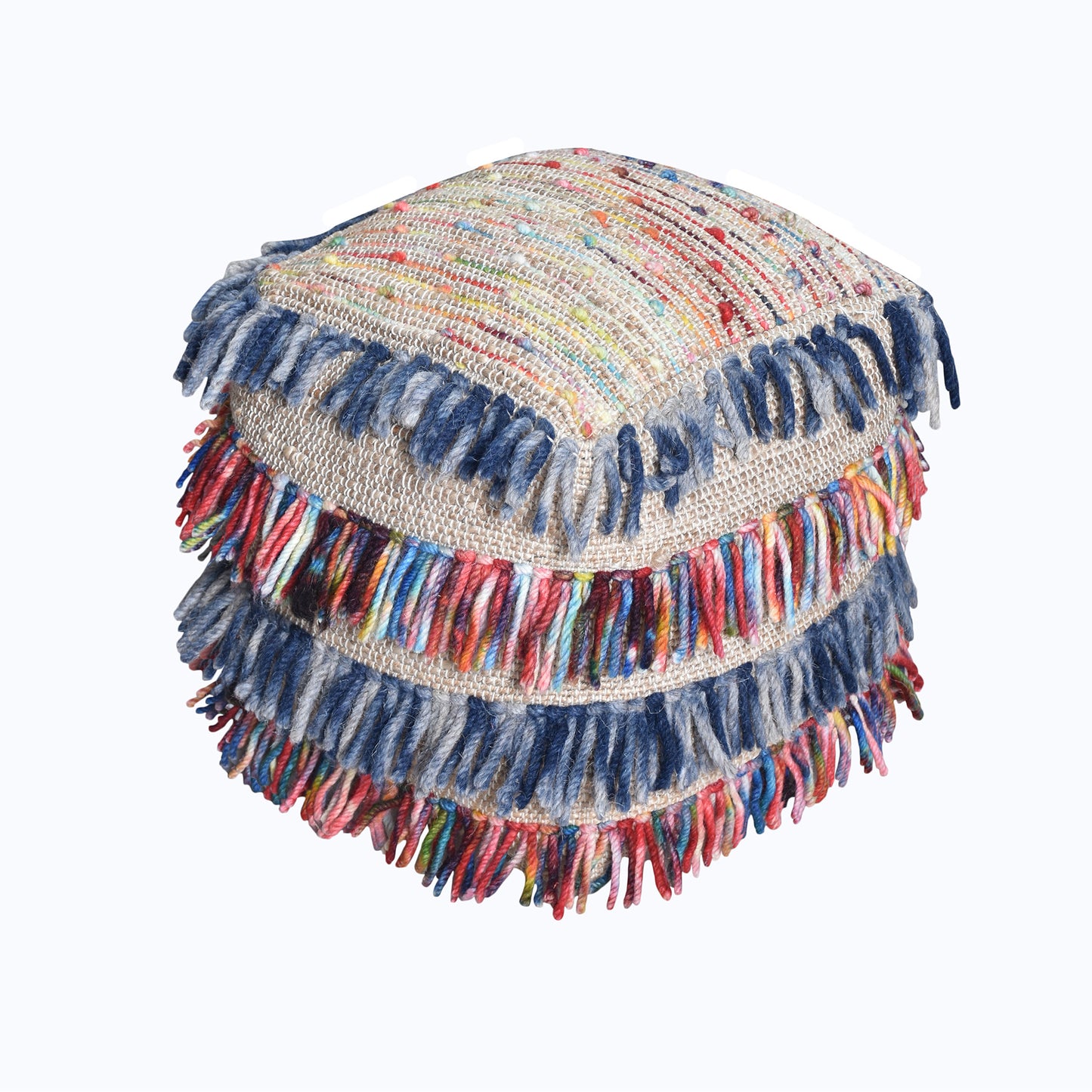 Saddle Pouf, Wool, Hemp, Leather, Natural, Blue, Multi, Pitloom, All Loop
