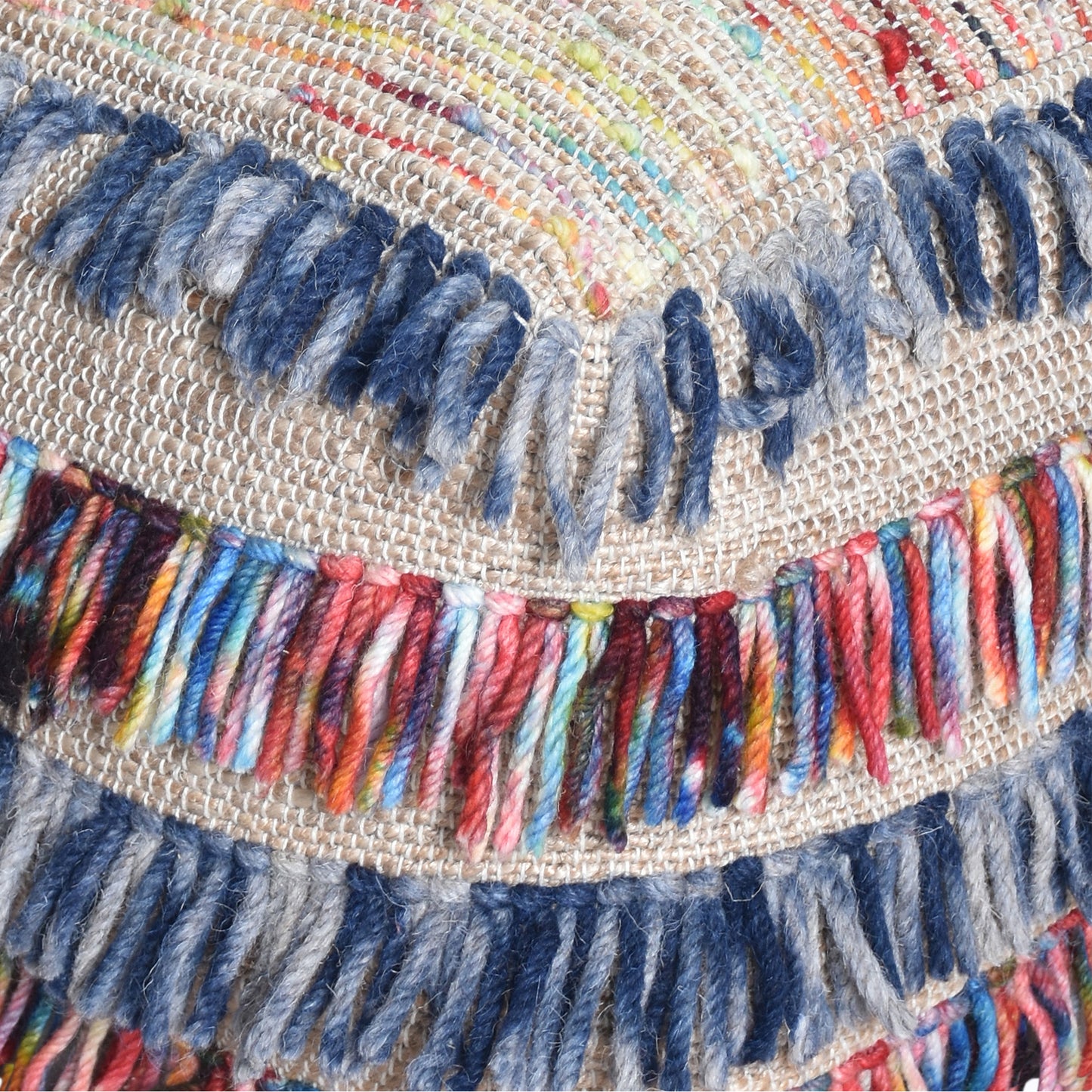 Saddle Pouf, Wool, Hemp, Leather, Natural, Blue, Multi, Pitloom, All Loop
