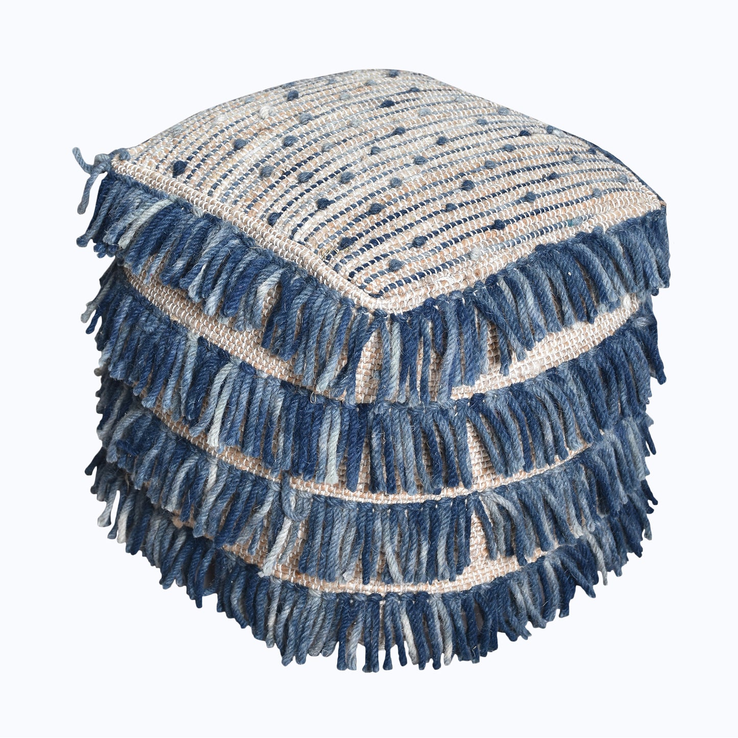 Saddle Pouf, Wool, Hemp, Leather, Natural ,Blue, Pitloom, All Loop