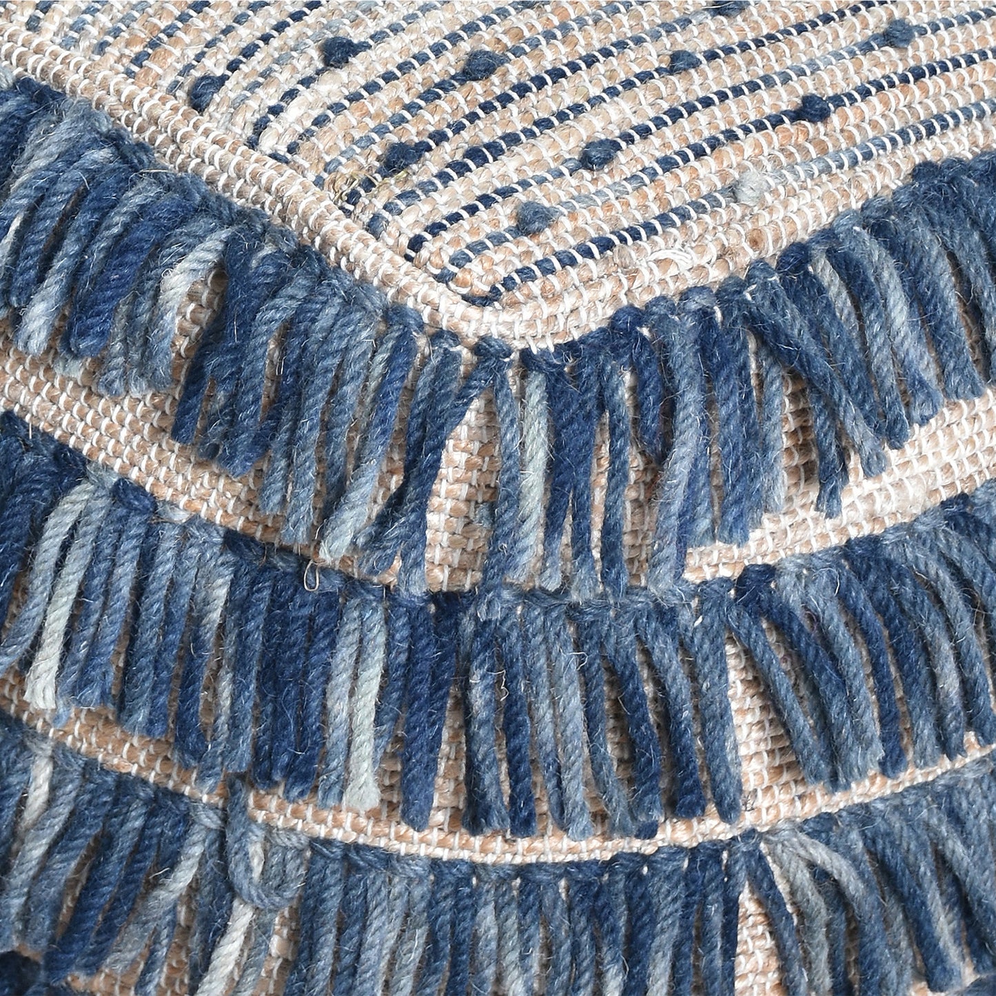Saddle Pouf, Wool, Hemp, Leather, Natural ,Blue, Pitloom, All Loop