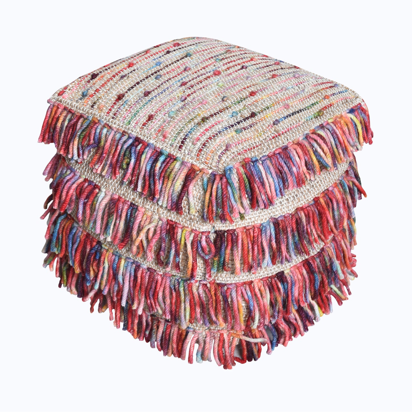 Saddle Pouf, Wool, Hemp, Leather, Natural, Multi, Pitloom, All Loop
