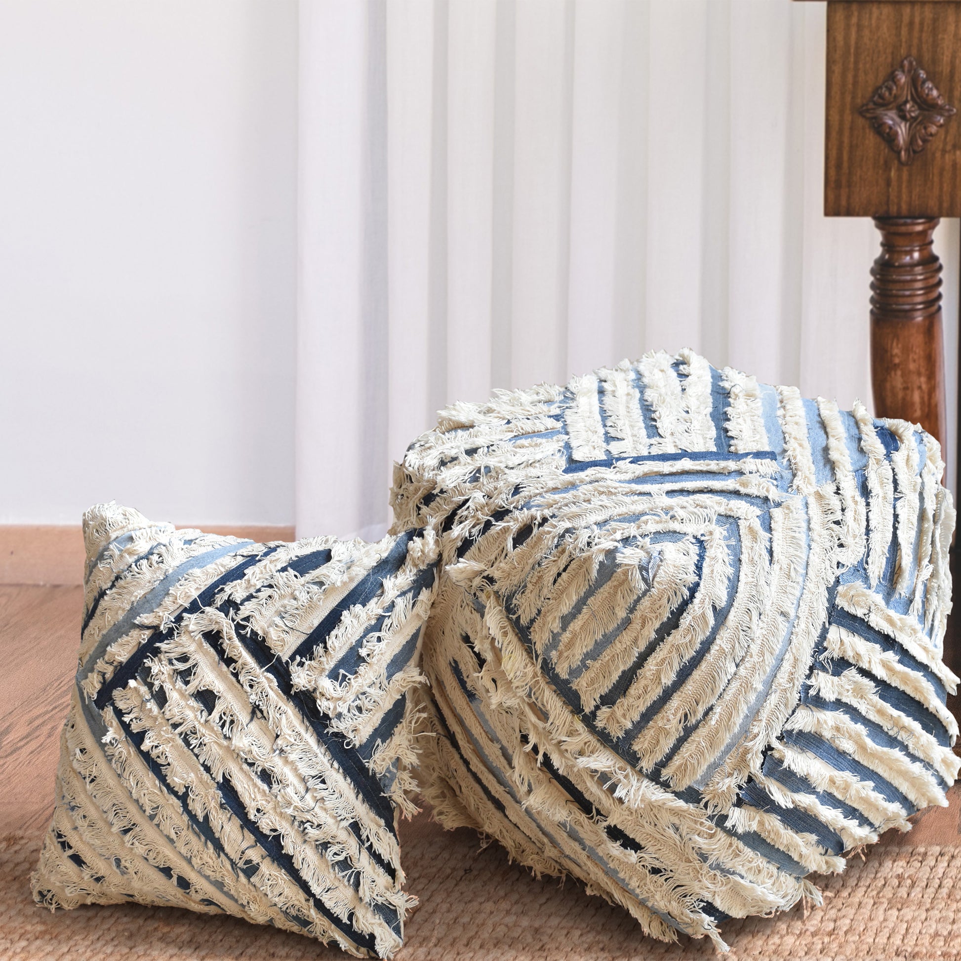 Silma Pillow, Denim, Cotton, Natural White, Blue