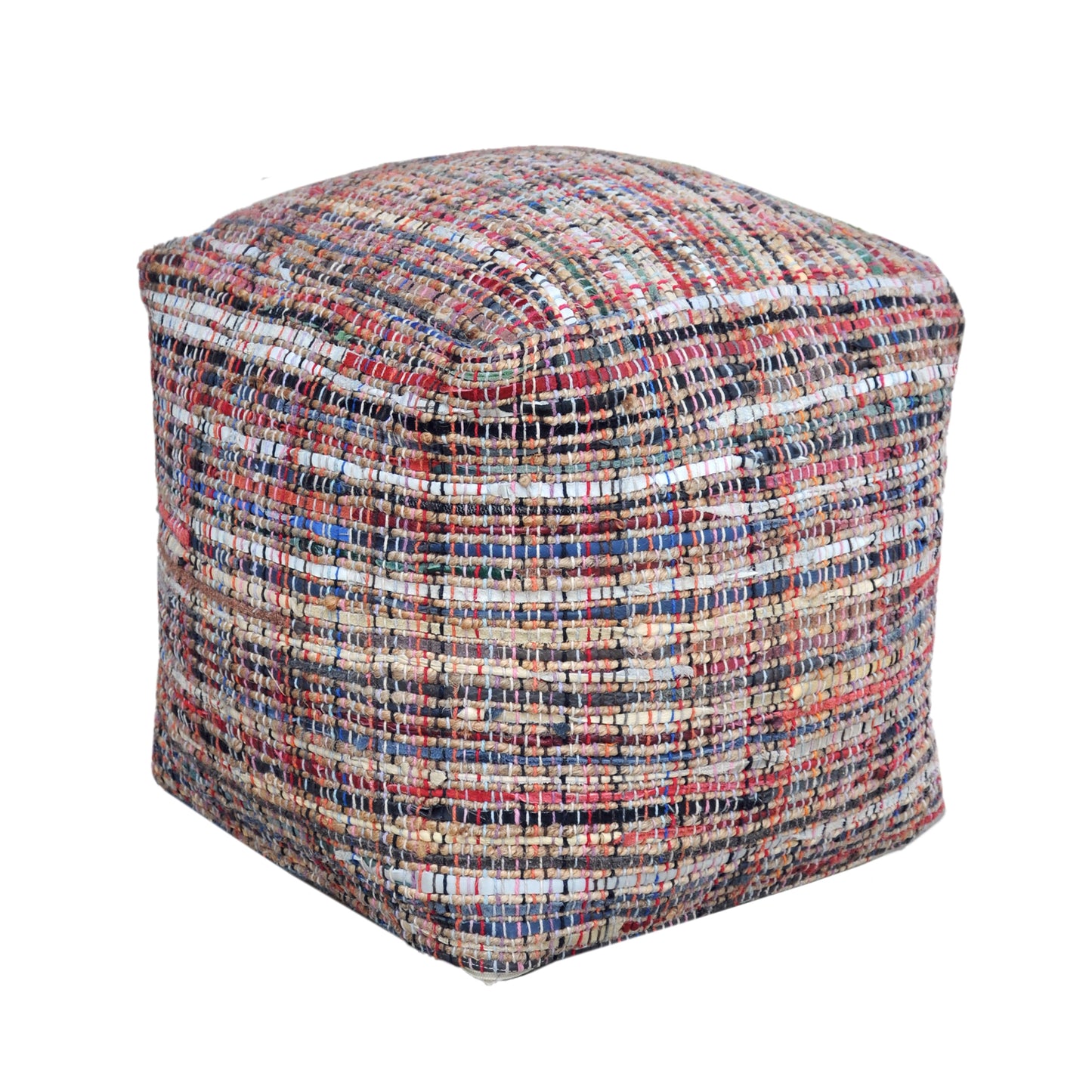 Spica Pouf, Hemp/ Leather, Multi, Pitloom, Flat Weave