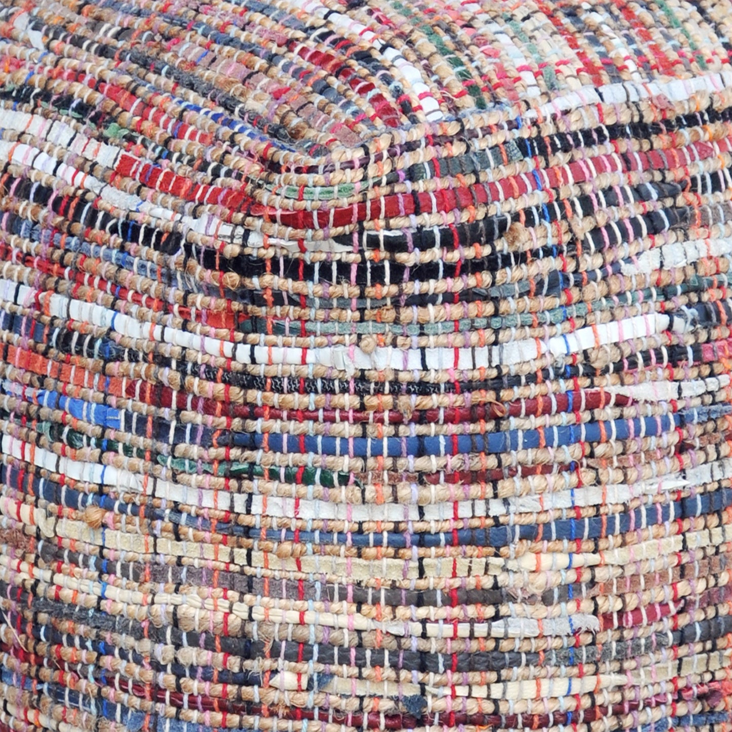 Spica Pouf, Hemp/ Leather, Multi, Pitloom, Flat Weave