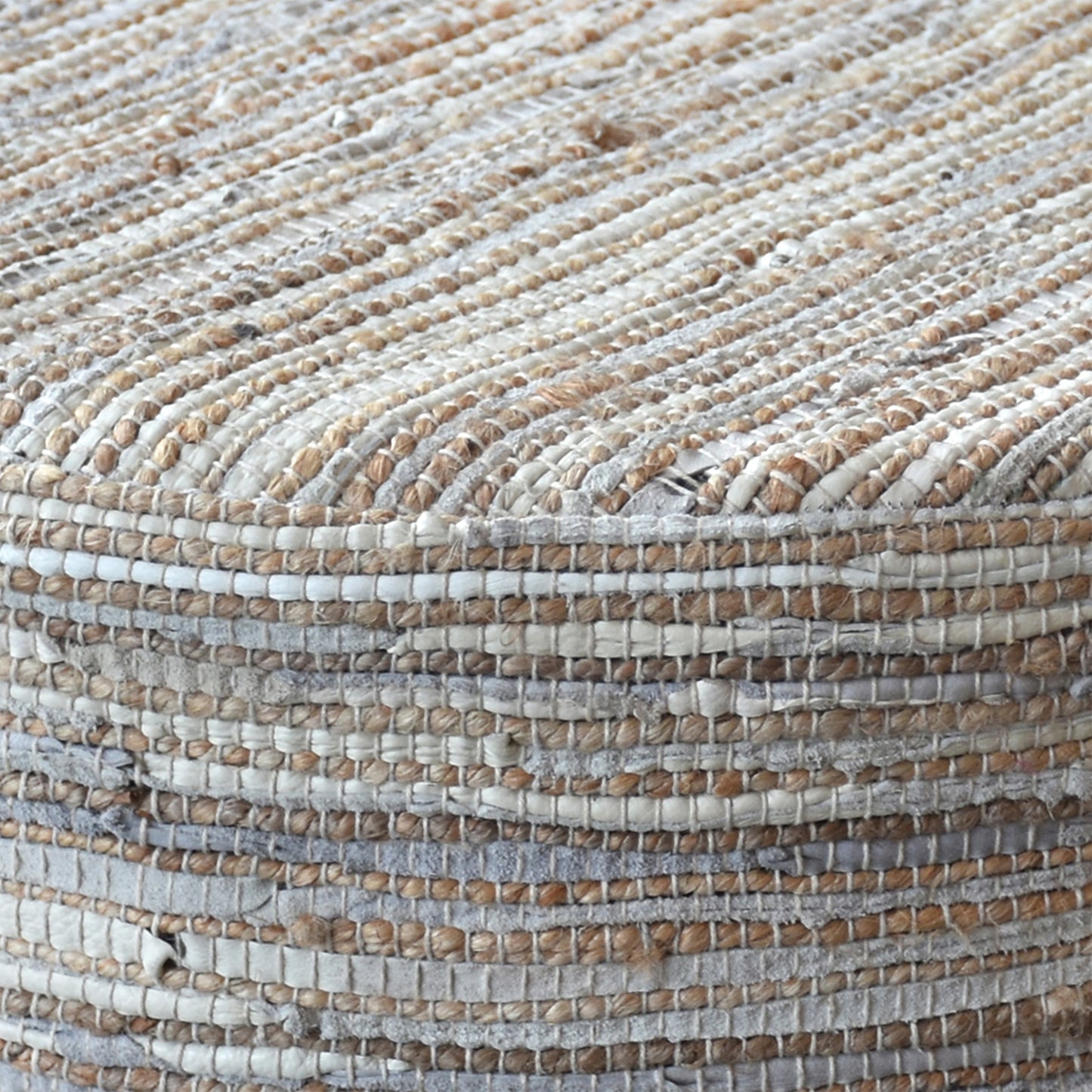 Spica Round Stool, Hemp/ Leather, Natural/ Natural White, Pitloom, Flat Weave