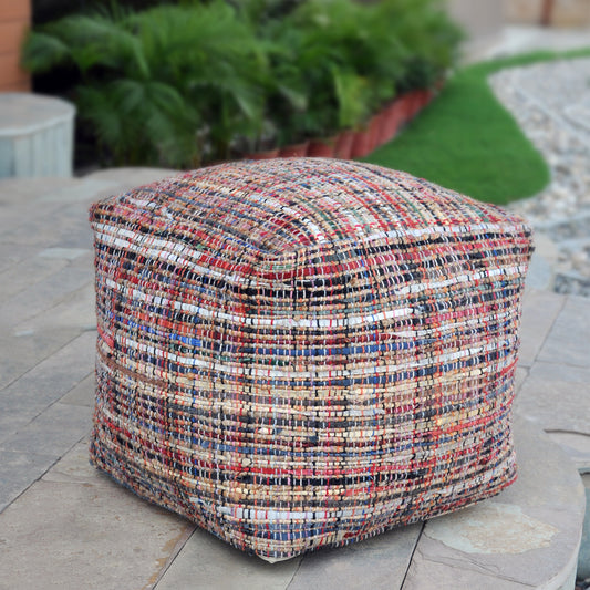 Spica Pouf, Hemp/ Leather, Multi, Pitloom, Flat Weave