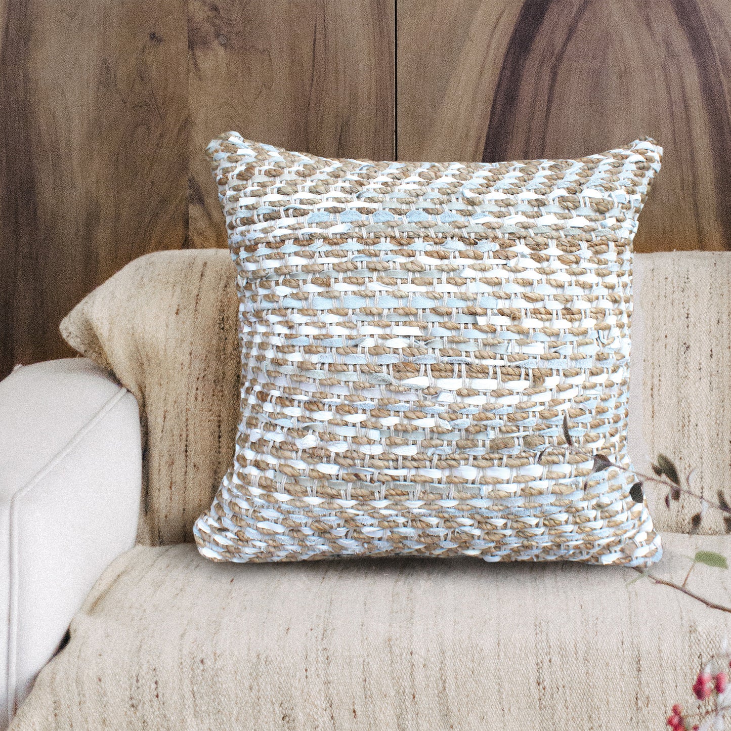 Stables Pillow, Hemp, Leather, Natural, Natural White, Pitloom, Flat Weave