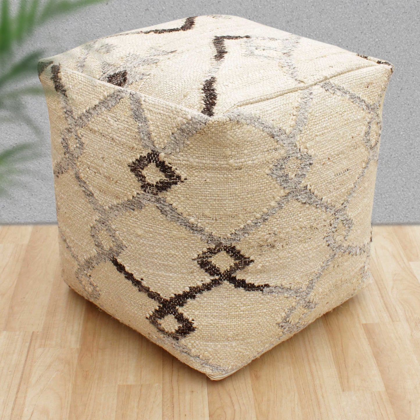 Tanith Pouf, Jute/ Wool, Natural White/ Grey, Punja, Flat Weave