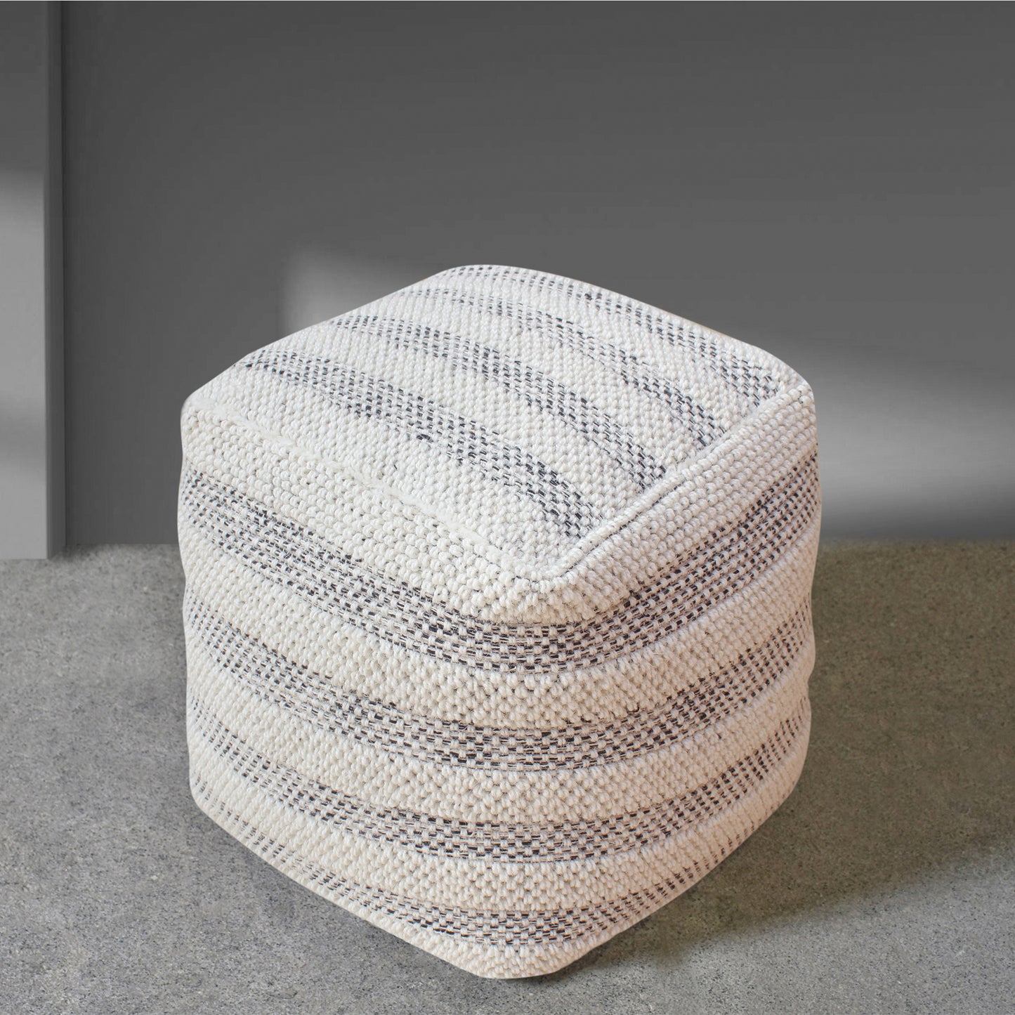 Teijo Pouf, Wool/ Cotton, Natural White/ Charcoal, Hand woven, All Loop