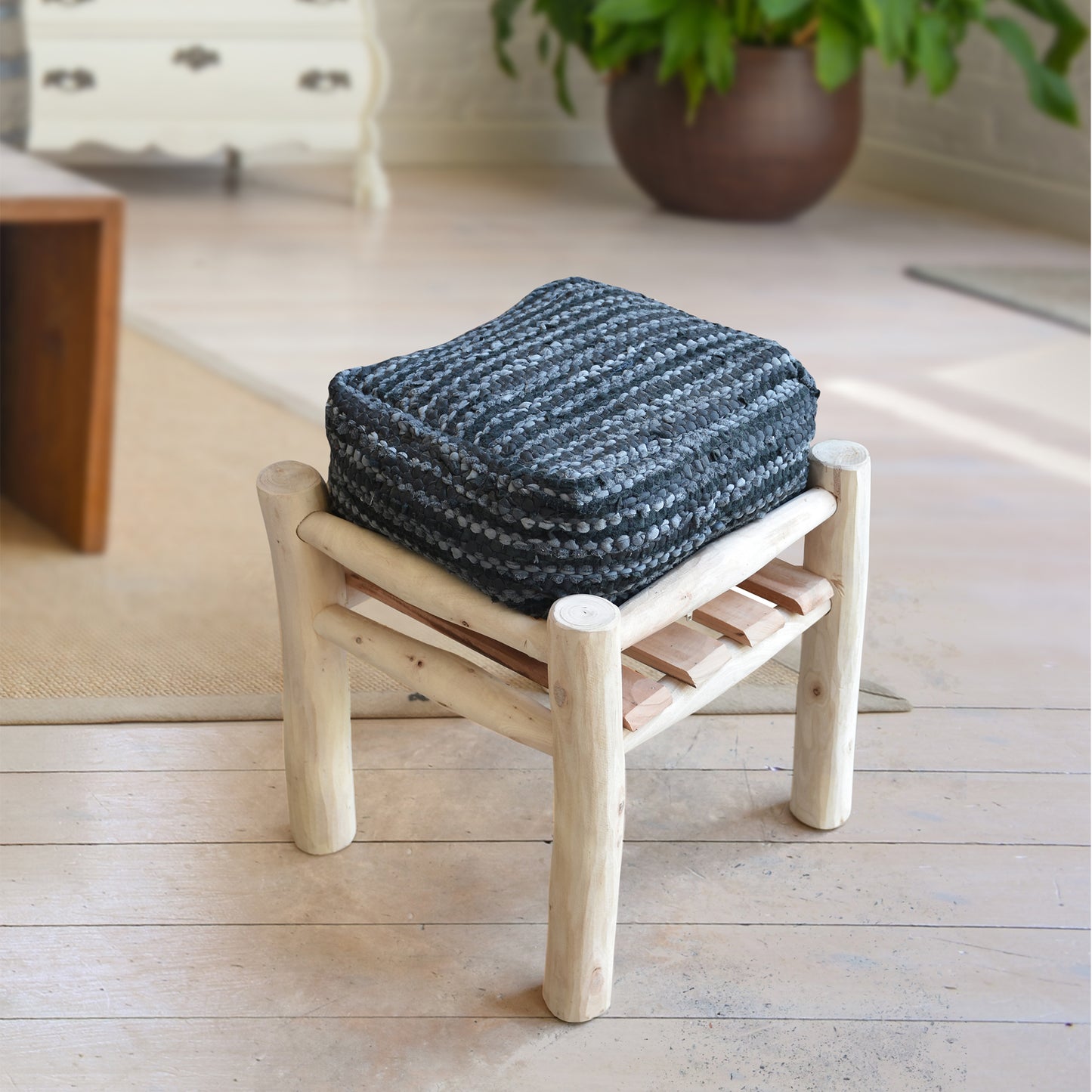 Tierra Stool, Leather, Blue, Pitloom, Flat Weave
