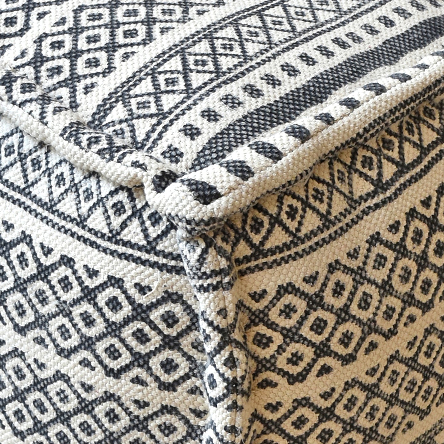Tribo Pouf, Cotton/ Printed, Charcoal/ Natural White, Pitloom, Flat Weave
