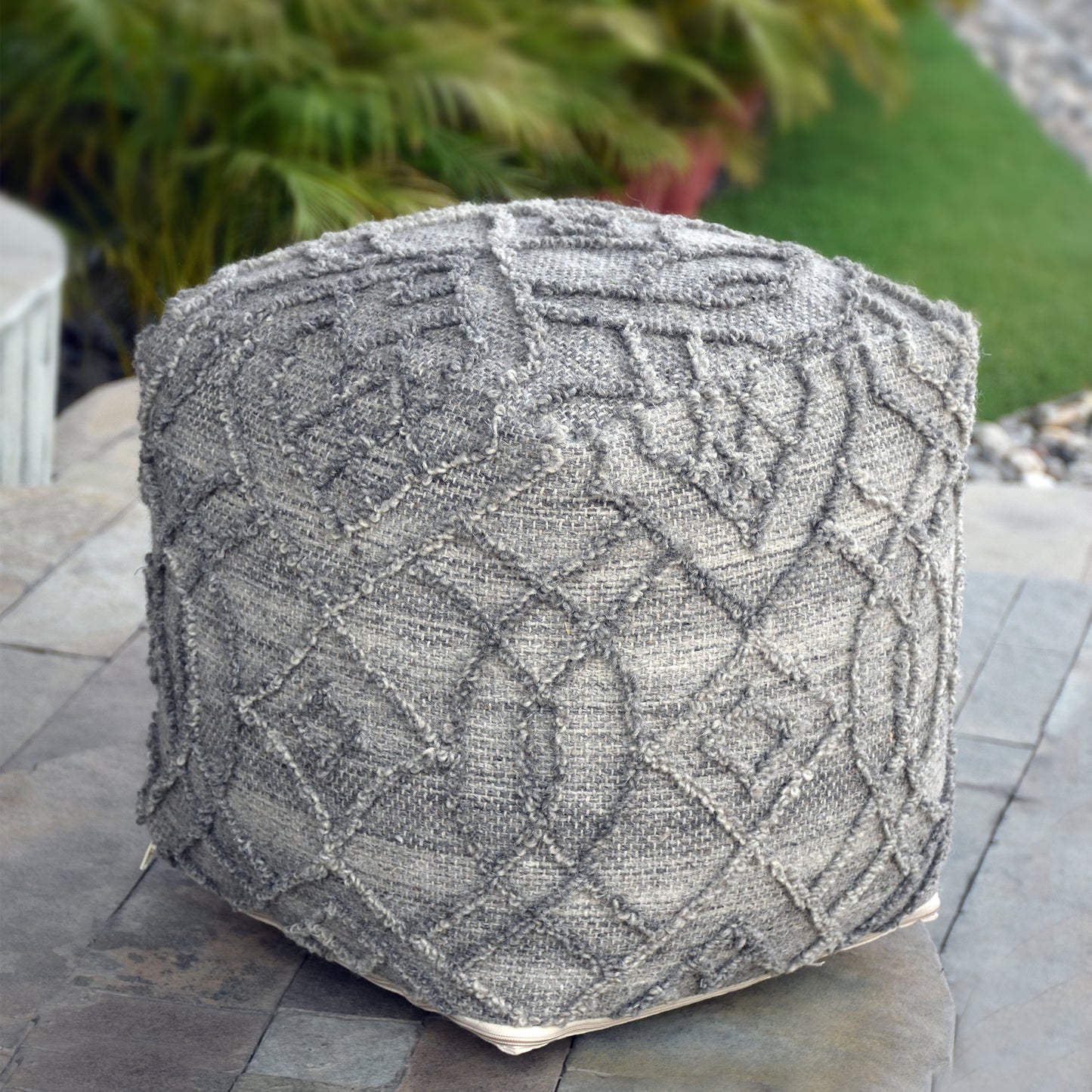 Tyeson Pouf , Wool/ Cotton, Grey, Hand woven, All Loop