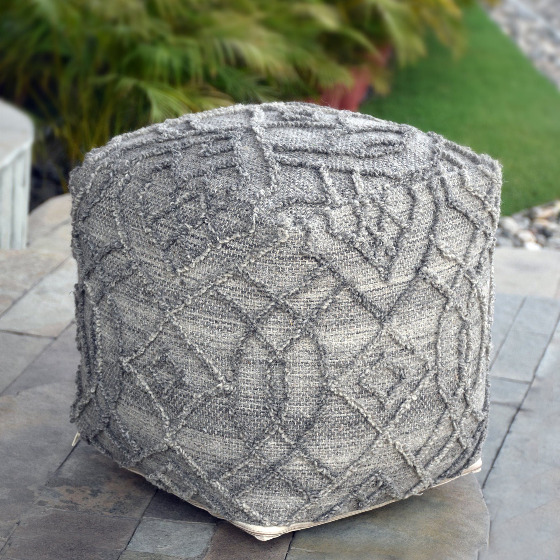 Tyeson Pouf , Wool/ Cotton, Grey, Hand woven, All Loop