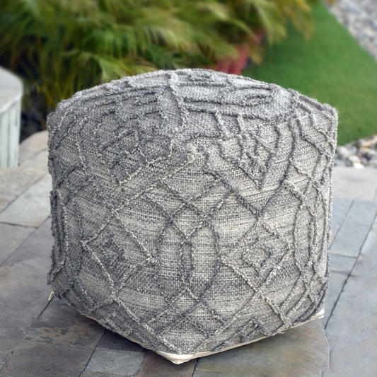 Tyeson Pouf , Wool/ Cotton, Grey, Hand woven, All Loop