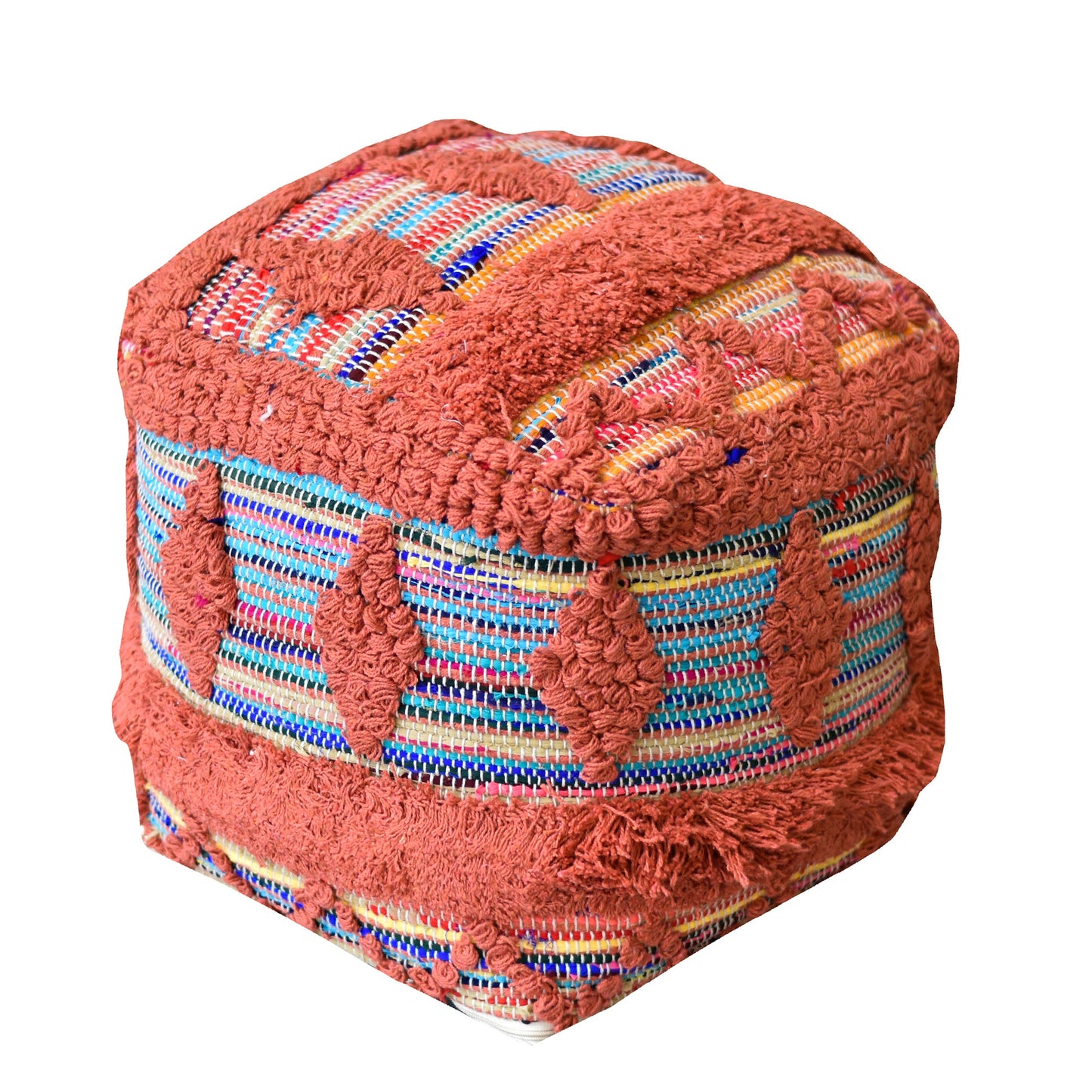 Wexford Pouf, Cotton/ Recycled Fabric, Orange/ Multi