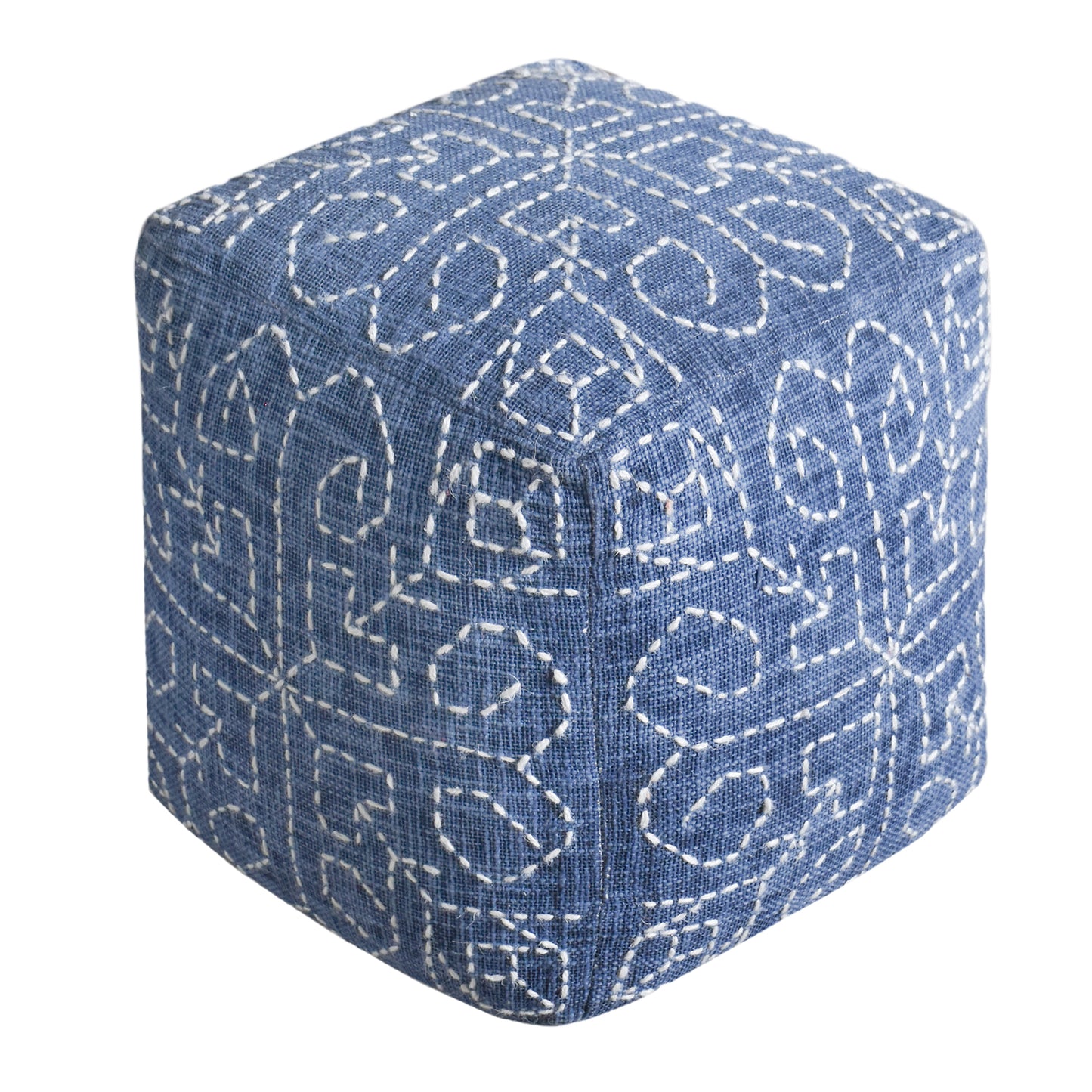 Wotton Pouf, Cotton/ Wool, Natural White/Blue