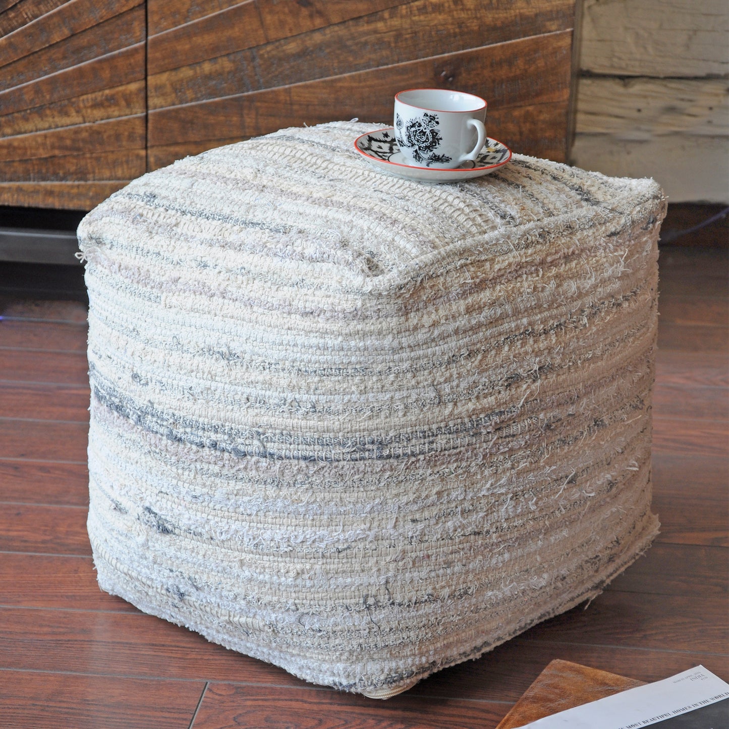Zakary Pouf, Recycled Cotton, Natural White/Beige, Pitloom, Flat Weave