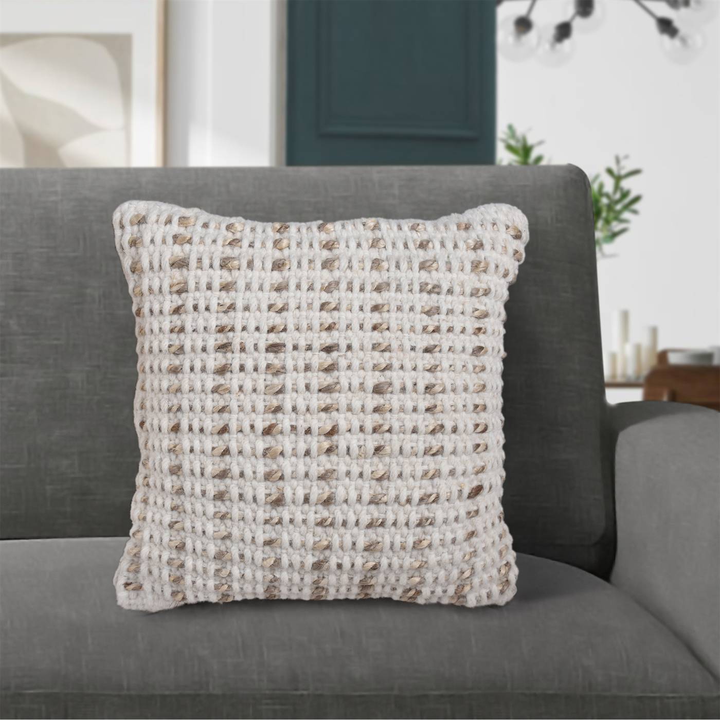 Brenda Cushion, 45x45 cm, Natural, Natural White, Wool, Jute, Hand Woven, Pitloom, Flat Weave 