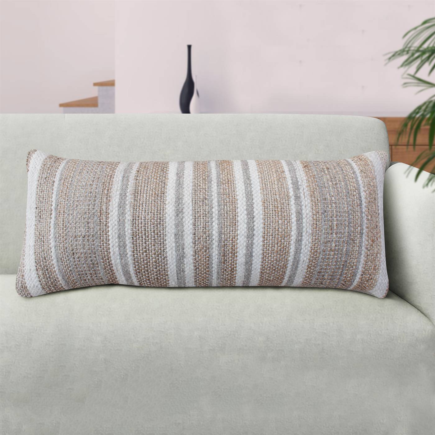 Burdick Lumber Cushion, 36x91 cm, Natural, Natural White, Grey, Jute, Wool, Hand Woven, Pitloom, Flat Weave
