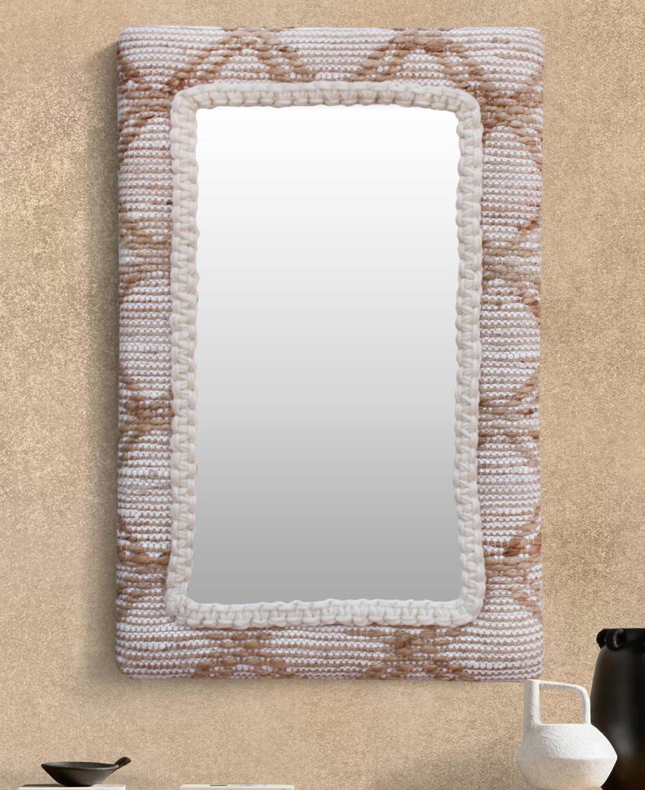 COLONARIE-II WALL MIRROR - IVORY/NATURAL - HAND WOVEN - JUTE + NZ WOOL + COTTON RAG  & MDF