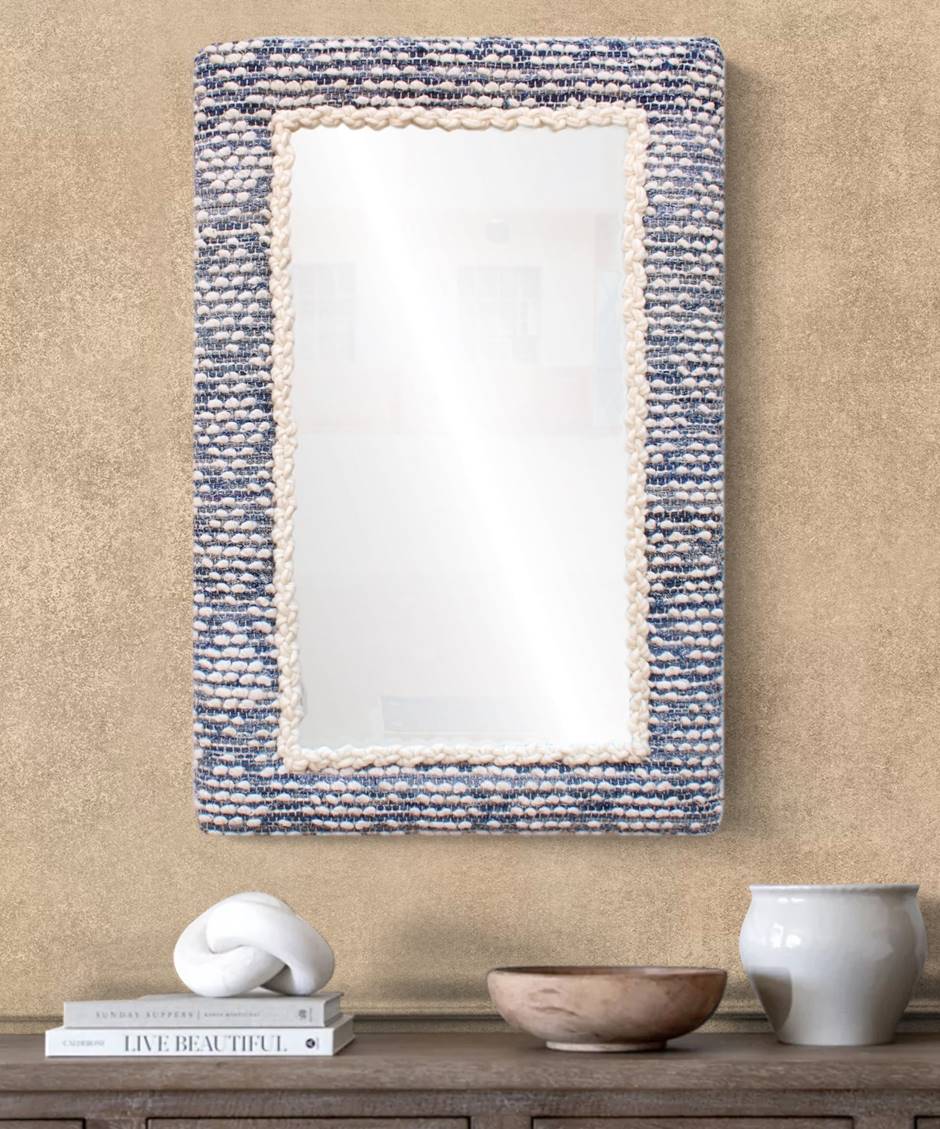 HAKEA WALL MIRROR - IVORY/BLUE - HAND WOVEN - WOOL/COTTON DENIM & MDF