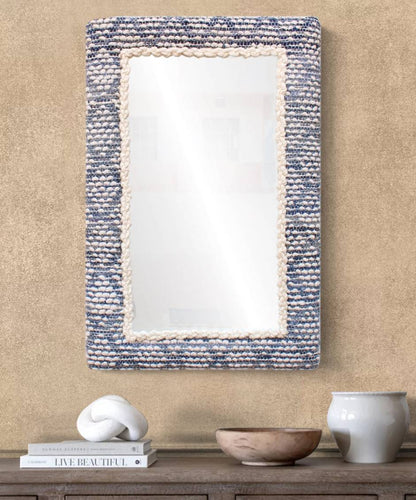HAKEA WALL MIRROR - IVORY/BLUE - HAND WOVEN - WOOL/COTTON DENIM & MDF
