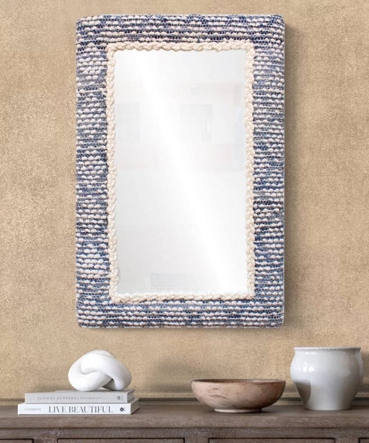 HAKEA WALL MIRROR - IVORY/BLUE - HAND WOVEN - WOOL/COTTON DENIM & MDF