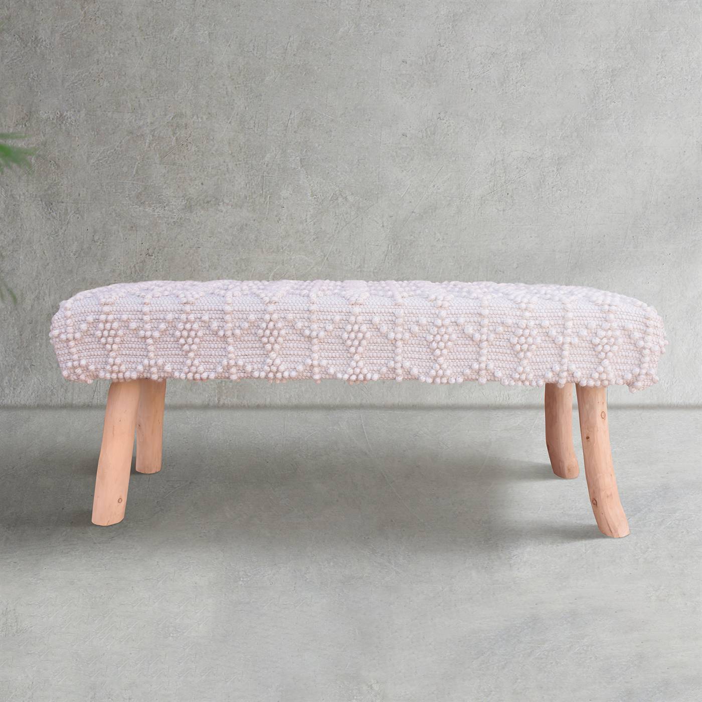 Kandos Bench, 120x40x50 cm, Natural White, Wool, Hand Woven, Pitloom, All Loop