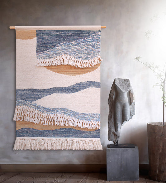 NASMITH WALL HANGING - IVORY/BLUE/NATURAL - HANDWOVEN - WOOL/DENIM/JUTE
