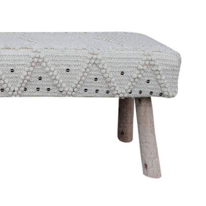 Roja Bench, 120x40x50 cm, Natural White, Wool, Metal Sequence, Hand Woven, Pitloom, Cut And Loop