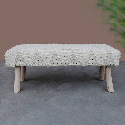 Roja Bench, 120x40x50 cm, Natural White, Wool, Metal Sequence, Hand Woven, Pitloom, Cut And Loop