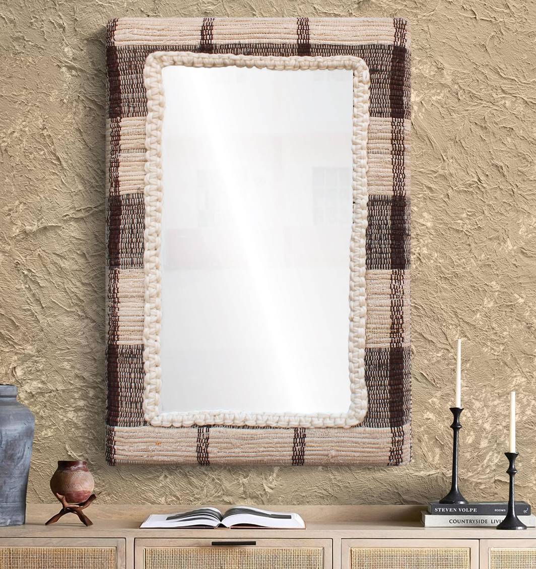RONALDSEY WALL MIRROR - IVORY/BROWN - HAND WOVEN - WOOL/COTTON DENIM & MDF