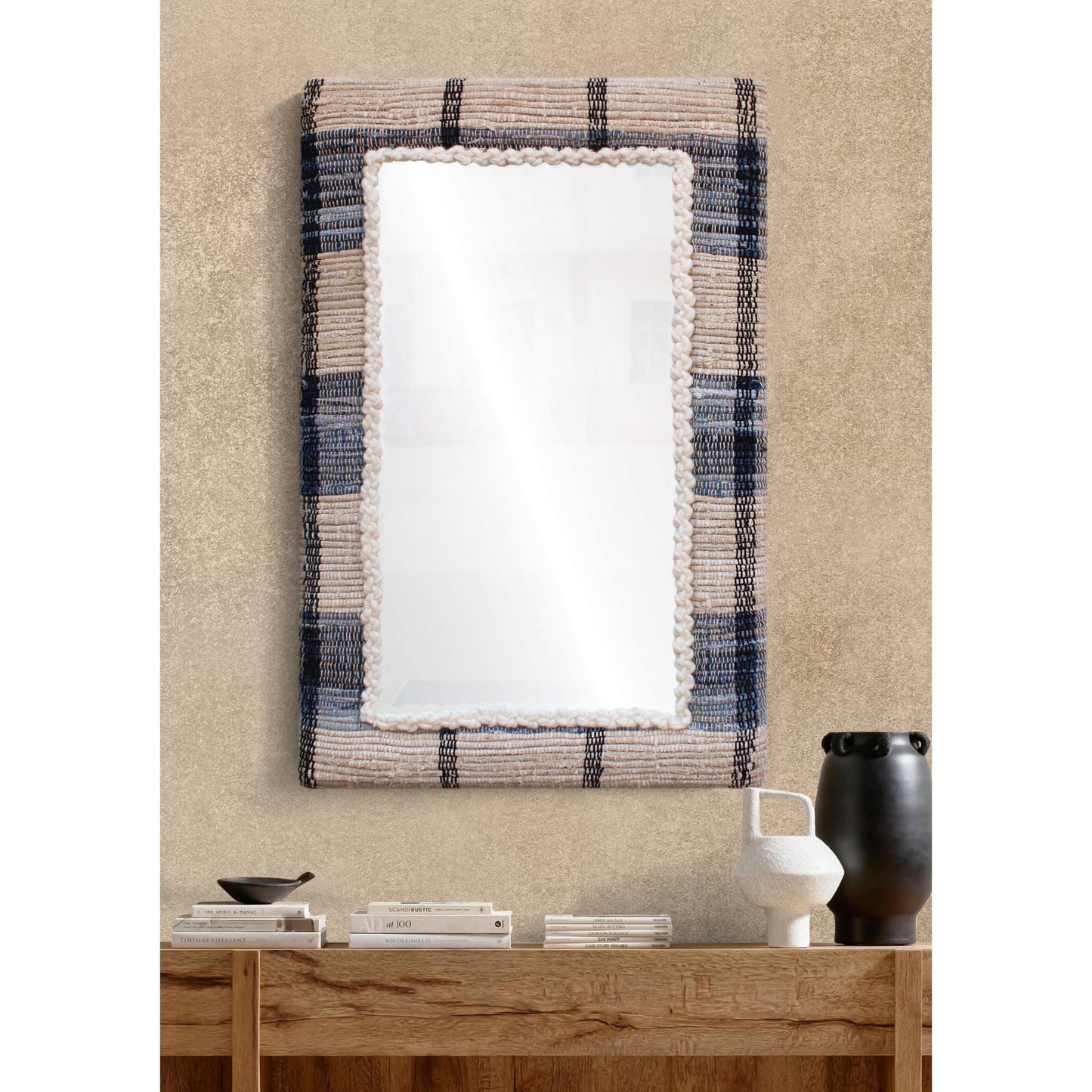 RONALDSEY WALL MIRROR - IVORY/BLUE - HAND WOVEN - WOOL/COTTON DENIM & MDF