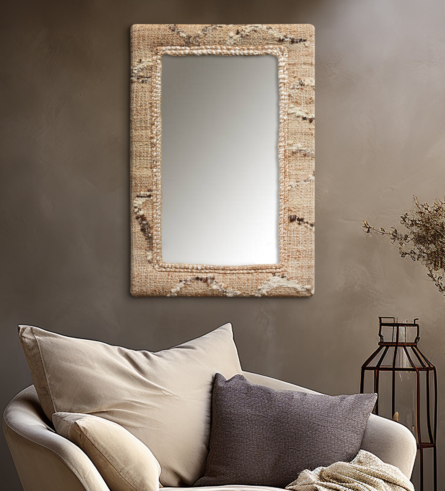 TAHELEK WALL MIRROR - NATURAL/IVORY/BROWN - HAND WOVEN - JUTE + WOOL & MDF
