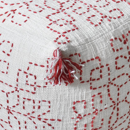Aldama Pouf, Cotton, Wool, Natural White,Red, Hm Stitching, Flat Weave