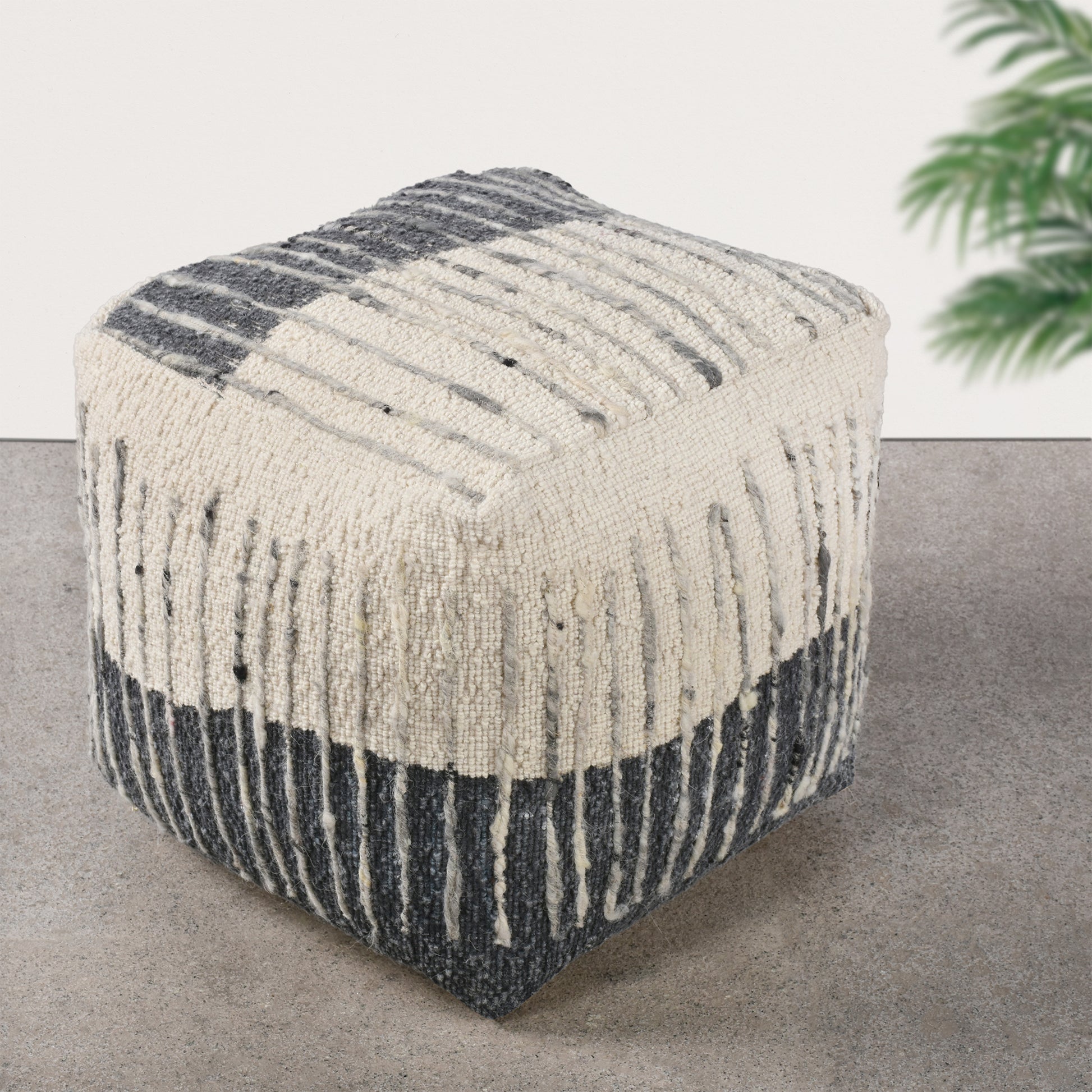 Alivia Pouf, Wool, Natural White, Grey, Hand woven, All Loop