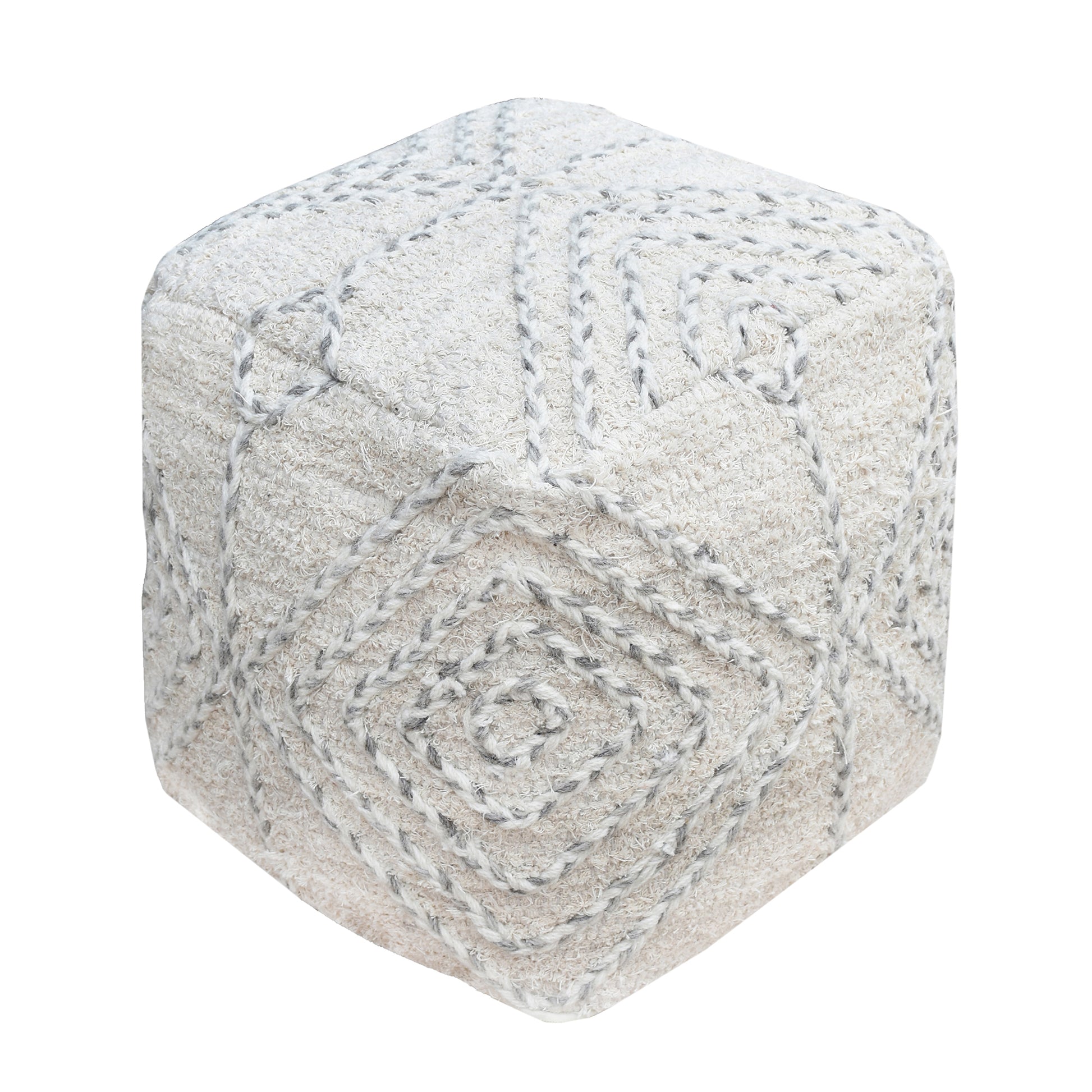 Arianata Pouf, Cotton, Wool, Natural White, Grey, Pitloom, Flat Weave