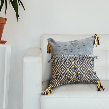 Arras Pillow, Cotton, Polyester, Wool, Grey, Natural, Yellow