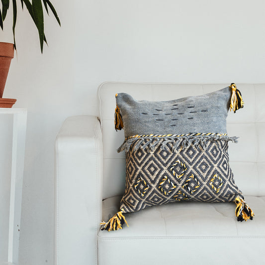 Arras Pillow, Cotton, Polyester, Wool, Grey, Natural, Yellow