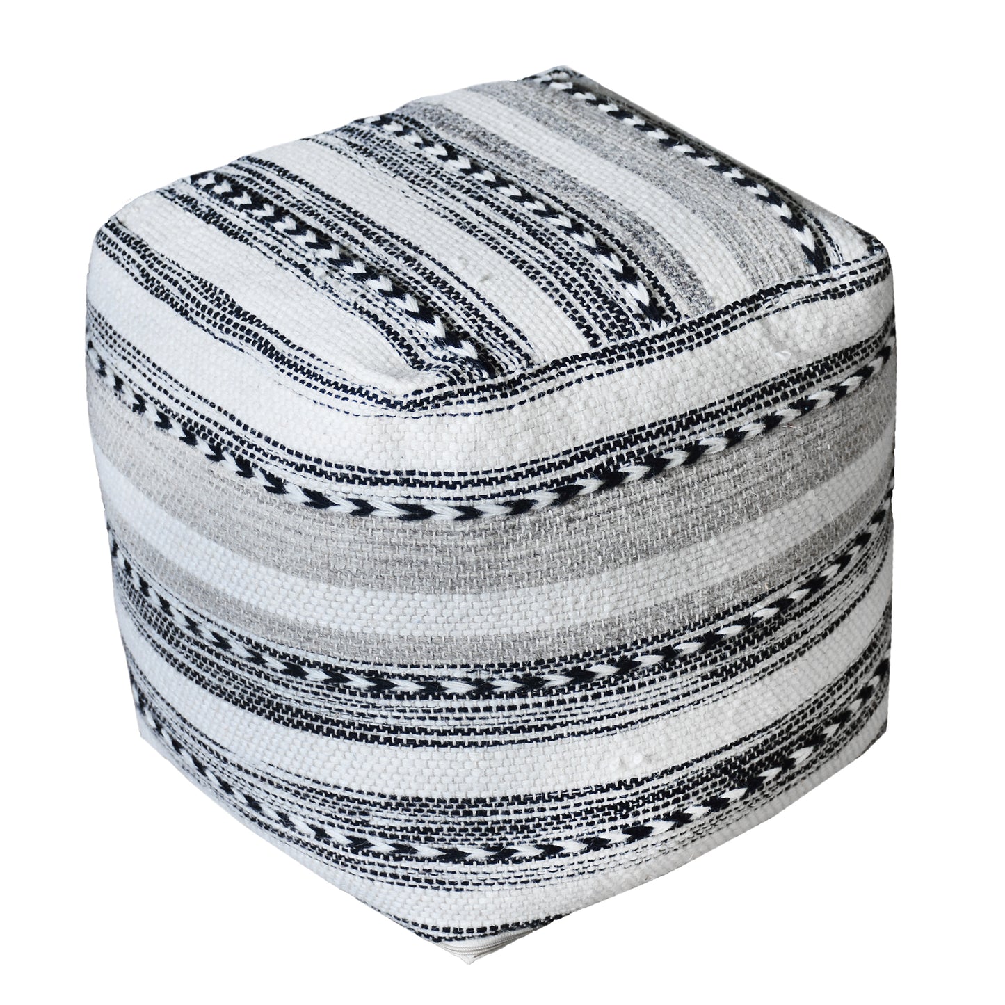 Arsanio Pouf, Wool, Natural White, Grey, Charcoal, Pitloom, Flat Weave