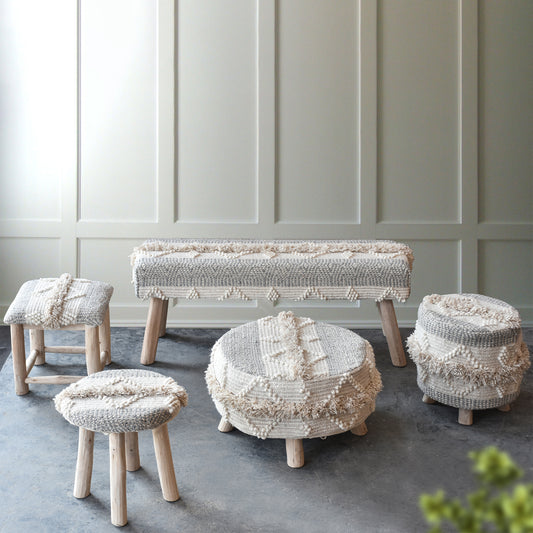 Atari Round Stool, Wool, Natural, Pitloom, Cut And Loop