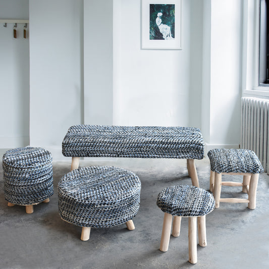 Atlas Round Stool, Denim, Leather, Blue, Pitloom, Flat Weave