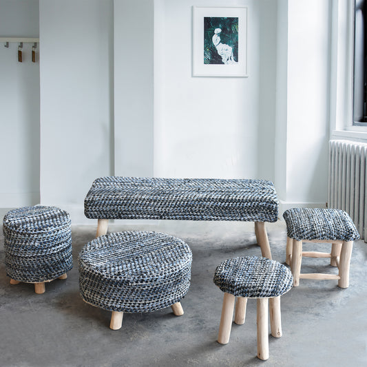 Atlas Square Stool, Denim, Leather, Blue, Pitloom, Flat Weave