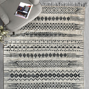 Area Rug, Bedroom Rug, Living Room Rug, Living Area Rug, Indian Rug, Office Carpet, Office Rug, Shop Rug Online, Cotton, Printed, Charcoal, Natural White, Pitloom, Flat Weave, Printed