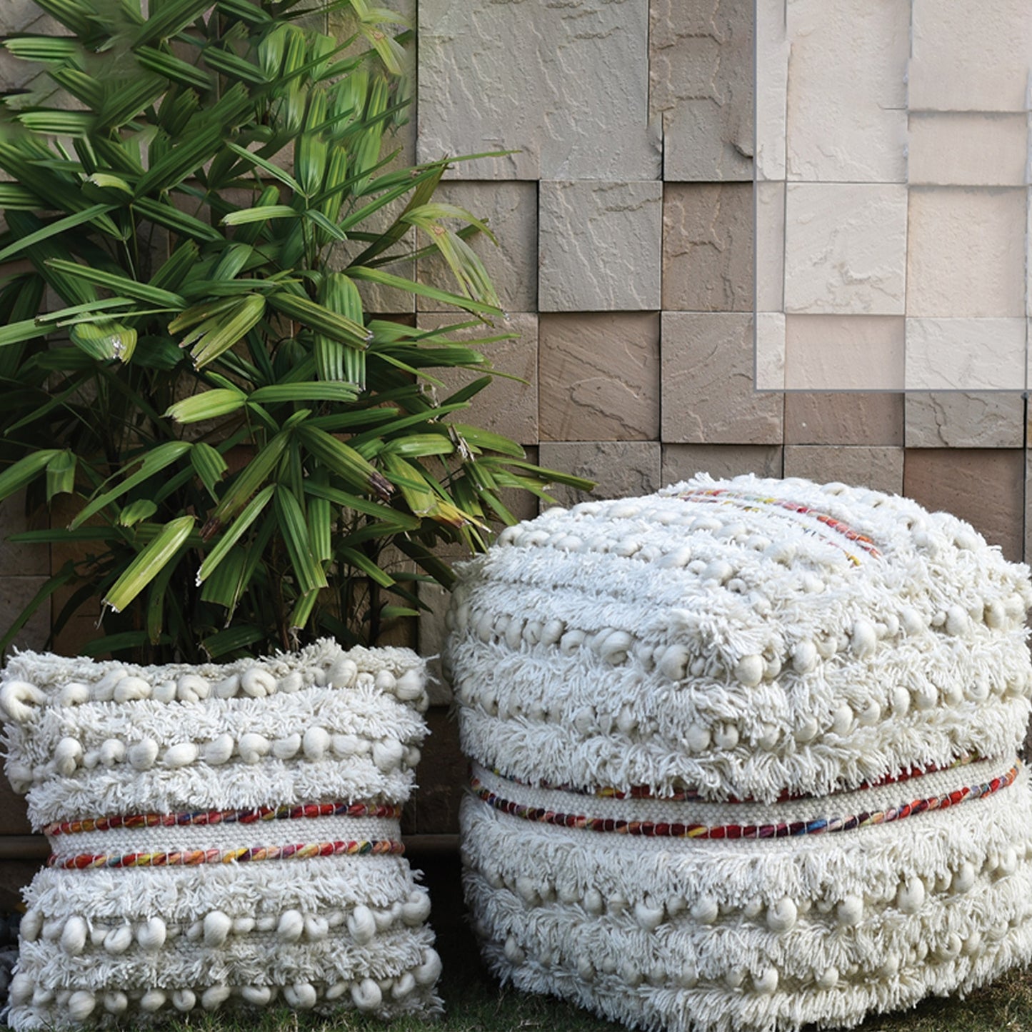 Berri Pouf, Wool, Natural White, Multi, Pitloom, Cut And Loop 