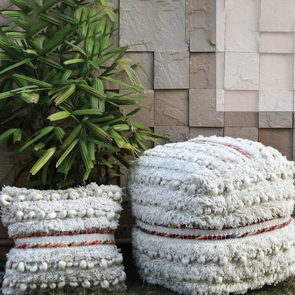 Berri Pouf, Wool, Natural White, Multi, Pitloom, Cut And Loop 