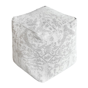 Bilbur Pouf, Cotton Chenille, Natural White, Grey, Jaquard Durry, Flat Weave