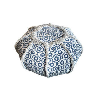 Bundi Round Pouf, Cotton, Printed, Natural White, Navy, Pitloom, Flat Weave